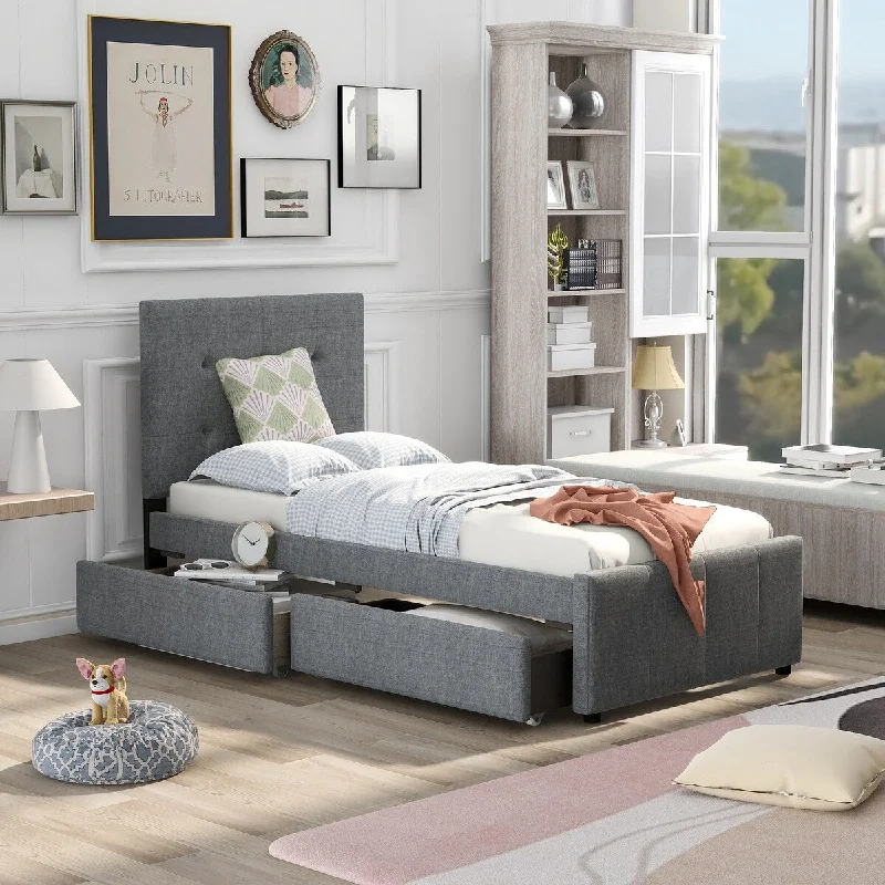 Linen Upholstered Twin Platform Bed with Headboard and Storage Drawers - Gray