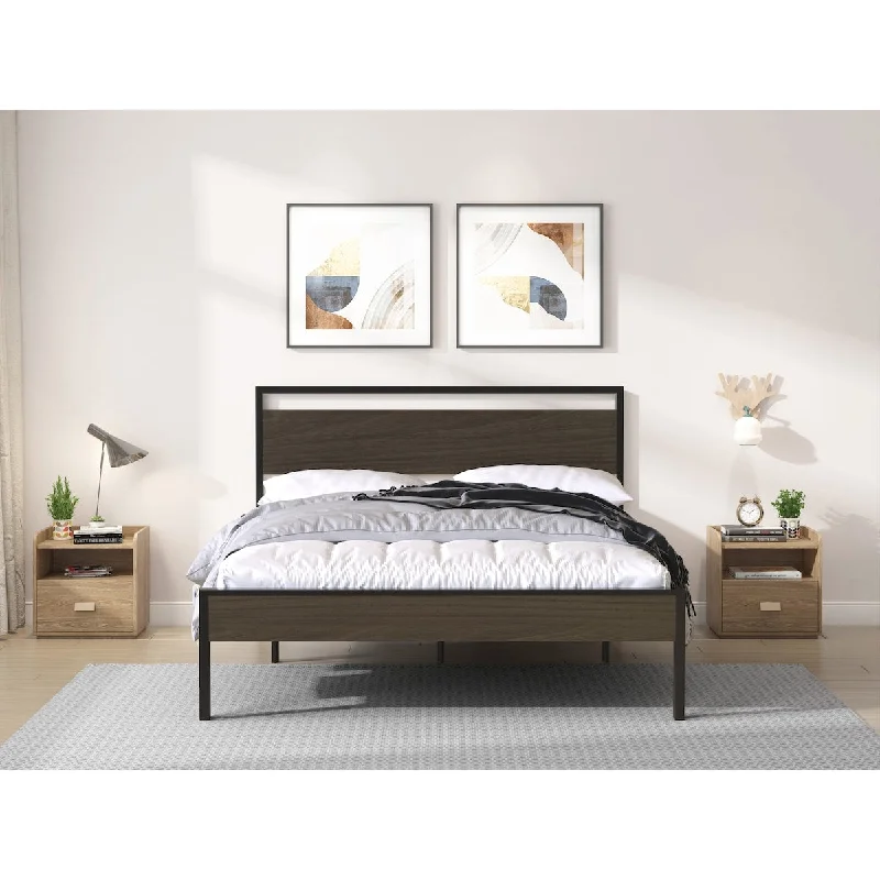 Metal Platform Bed Frame with Walnut Wood Headboard and Footboard,Under Bed Storage,Queen/King Size,Rustic and Industrial Design