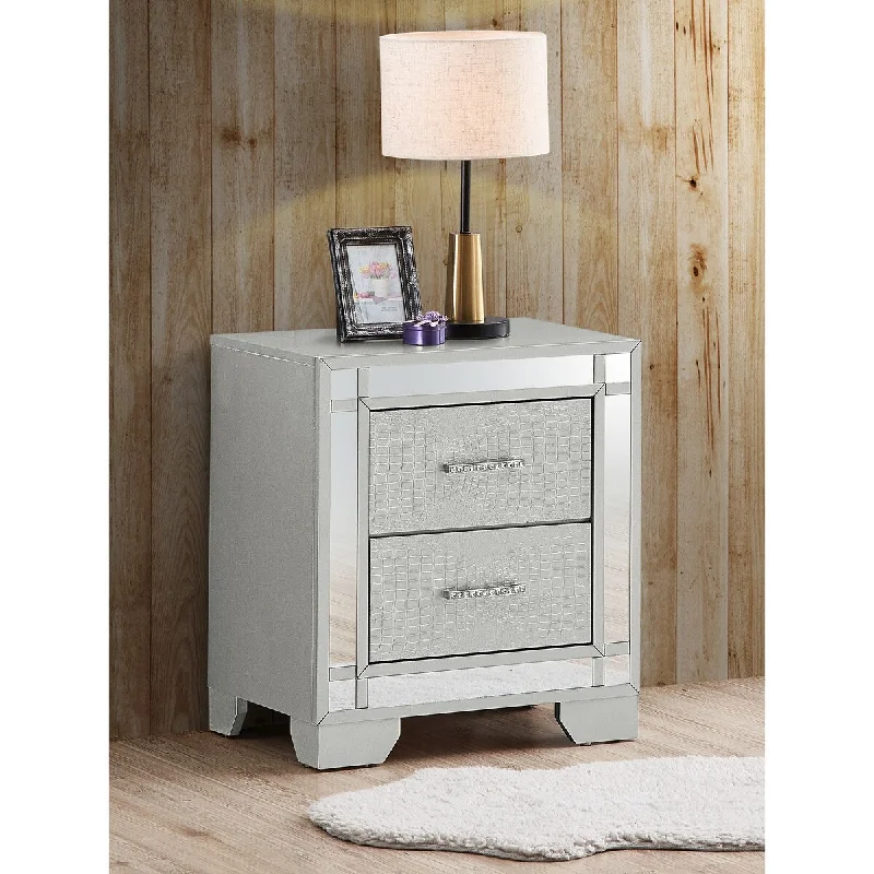 Modern 23-in Silver Champagne Textured Croc 2-Drawer Nightstand with Mirror Accents