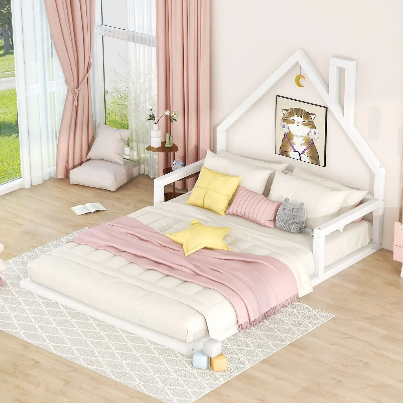 Modern Full Size Wood Floor Bed with Playful House-shaped Headboard - White/Brown, Sturdy Construction