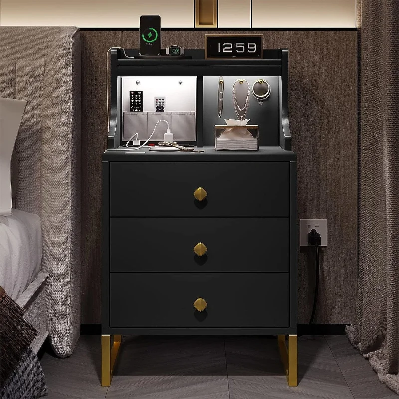 Modern Nightstand with Charging Station with Hutch and 3 Drawers 13.8"D x 17.7"W x 32.5"H