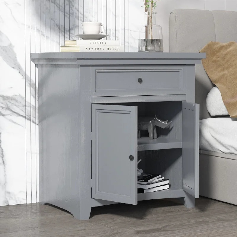 Modern Nightstand With Slide Drawer And Flip Cabinet For Nursery, College Dorm.Gray