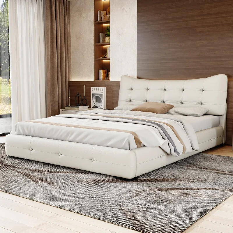 Modern PU Upholstered Queen Bed with Ergonomic Wingback Headboard - No Box Spring Needed, Cream