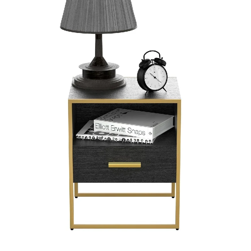 Modern Wood Nightstand With Drawers And Gold Metal Frame