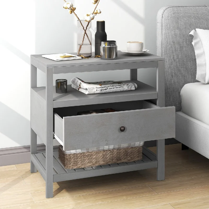 Modern Wooden Nightstand with Drawers Storage And Open Shelves