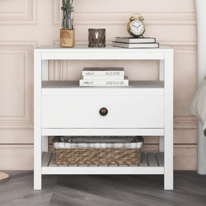 Modern Wooden Nightstand with Drawers Storage, White