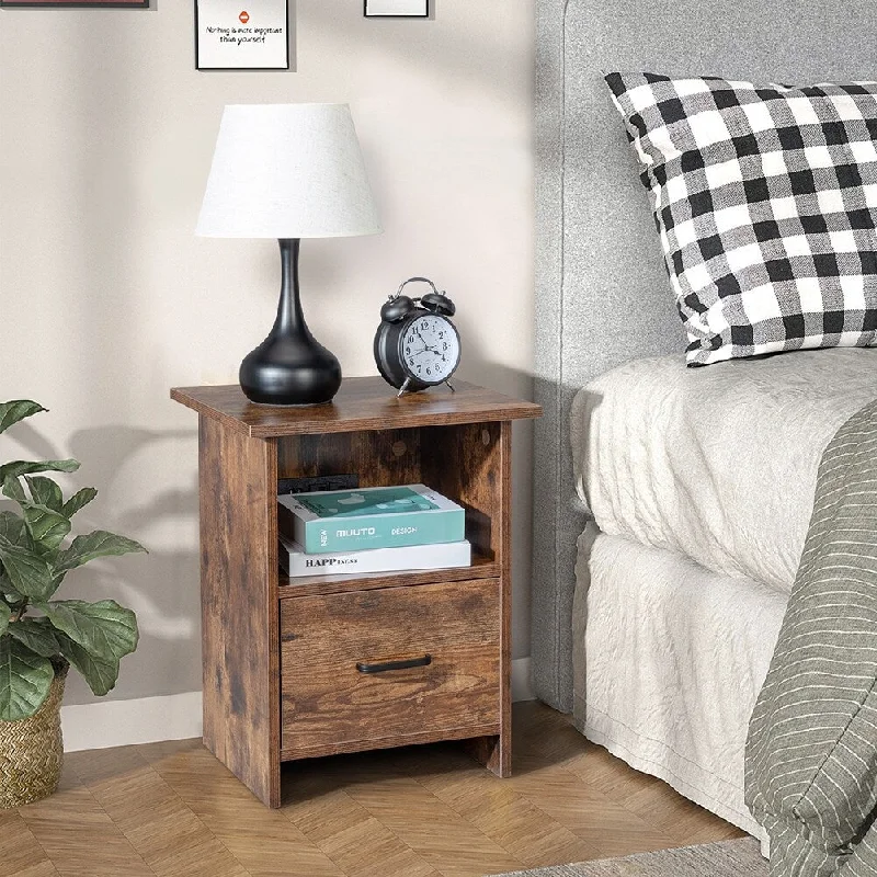 Multifunctional Vintage Wood Grain Nightstand with Charge Port