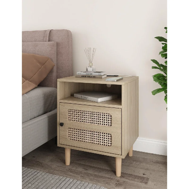 Natural Rattan Nightstand with Charging Station