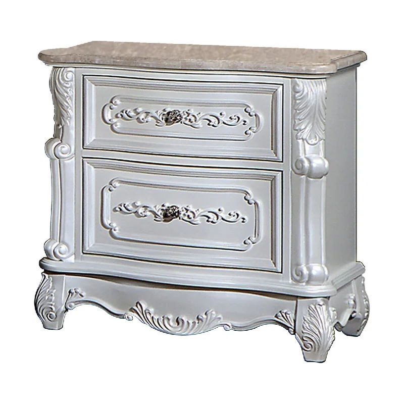 Nero 30 Inch Nightstand, 2 Drawers, Marble Surface, Carved Details, White