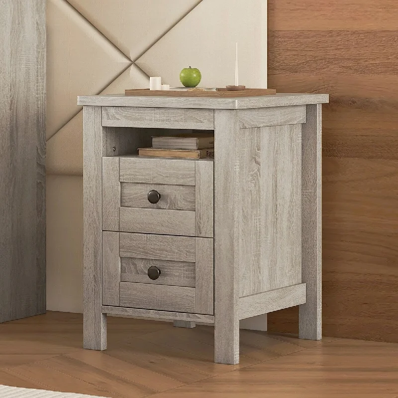 Night Stand 2-drawer Farmhouse Wooden Nightstand, Antique Gray