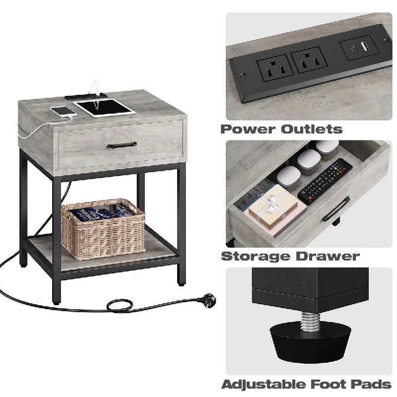 Nightstand with Charging Station Type-C&USB Ports and Outlets