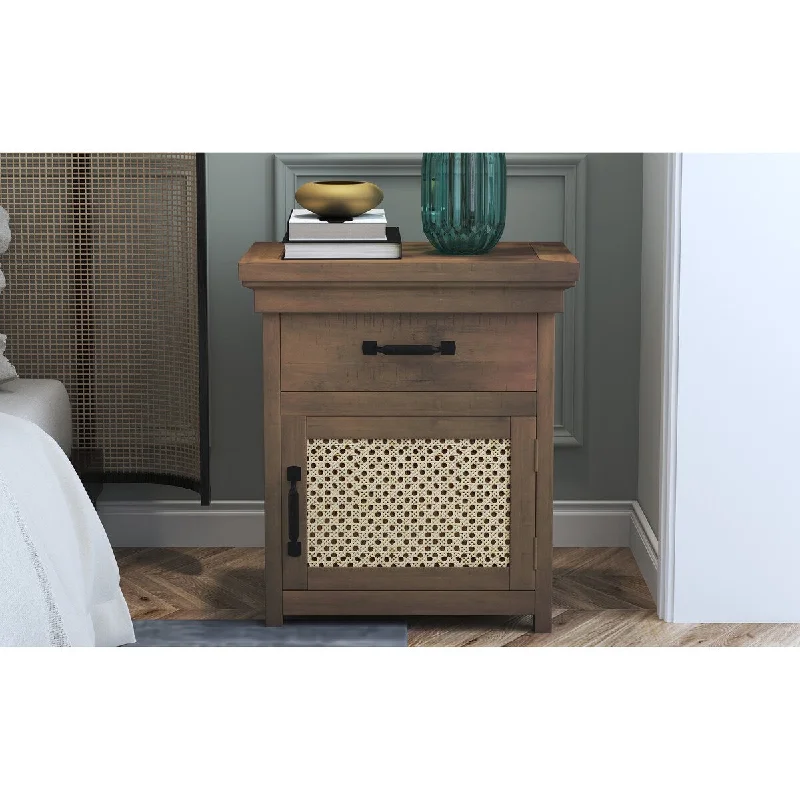 Nightstand with Drawer and Rattan Design Cabinet