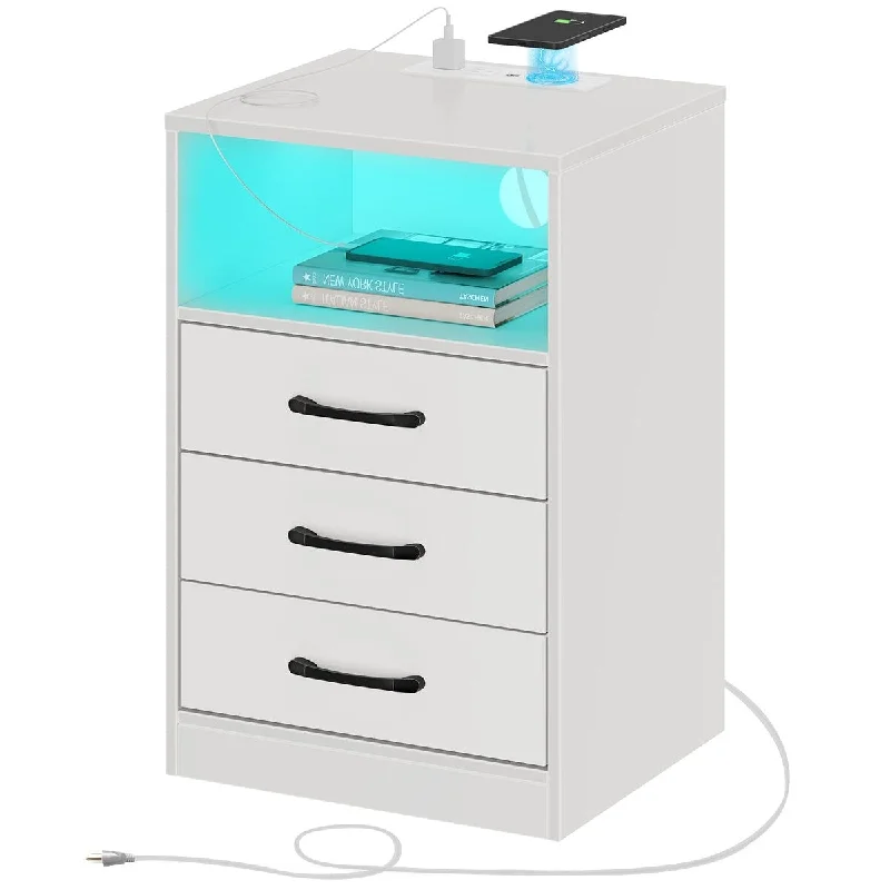 Nightstand with Wireless Charging Station and LED Lights, Modern End Side Table with 3 Drawers and Open Compartment