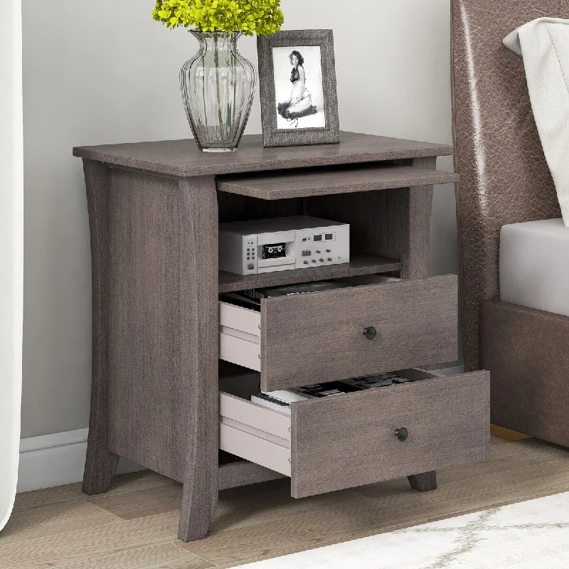 Pine Wood Nightstand with 2 Drawers and Open Storage Cabinet