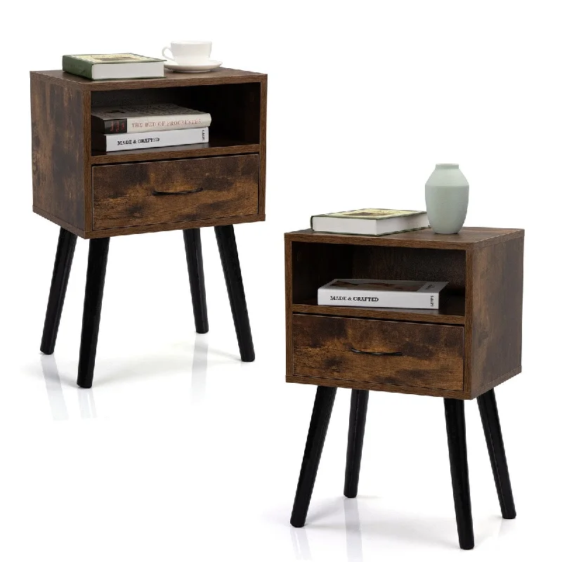 Pine Wood Rustic Drawer Nightstand Side Table(Set of 2)