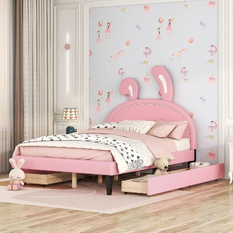 Pink Full Size / Upholstered Platform Bed with Headboard Ornament and 2 Drawers