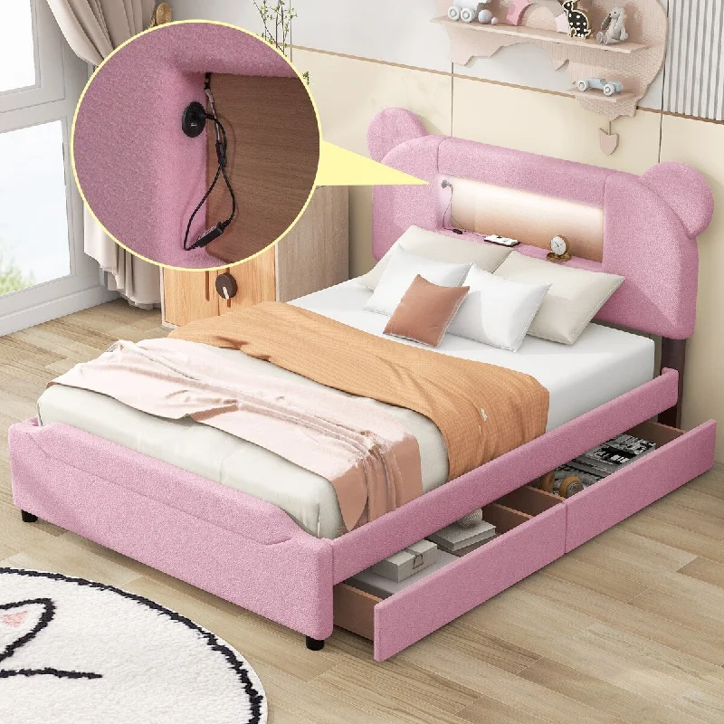 Pink Full Size Upholstered Storage Platform Bed with Cartoon Ears Headboard and LED Lighting