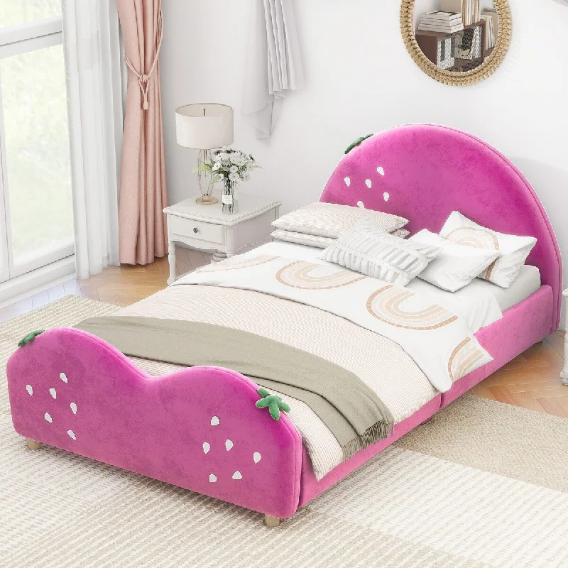 Pink Twin Upholstered Bed with Strawberry Headboard Perfect for Bedroom