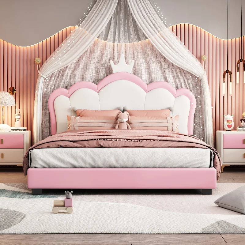 PU Upholstered Princess Bed with Crown Headboard, Platform Bed with Headboard and Footboard, White+pink