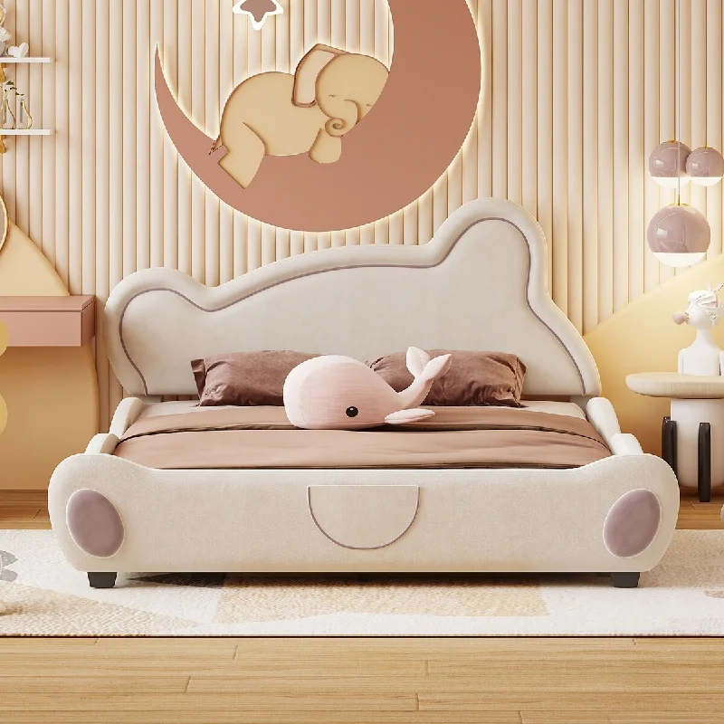 Queen Platform Bed Kids Bear-Shaped Upholstered Bed with Headboard & Bed-End Storage Pocket, Modern Wooden Bed, Beige Velvet