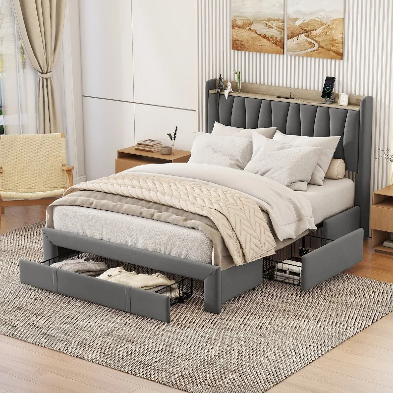 Queen Size Bed Frame with Storage Headboard and Charging Station, Upholstered Platform Bed with 3 Drawers