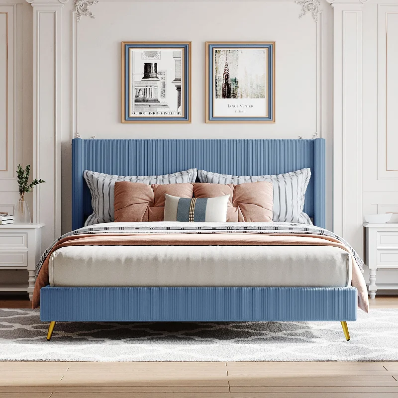 Queen Size Corduroy Stripe Upholstered Platform Bed Frame with High Wingback Headboard and Metal Legs(No Box Spring Needed)