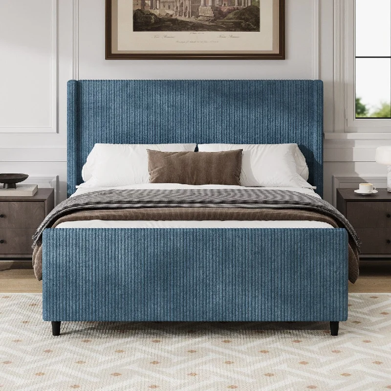 Queen Size Corduroy Upholstered Bed Frame with High Headboard and Footboard - No Box Spring Needed, Blue