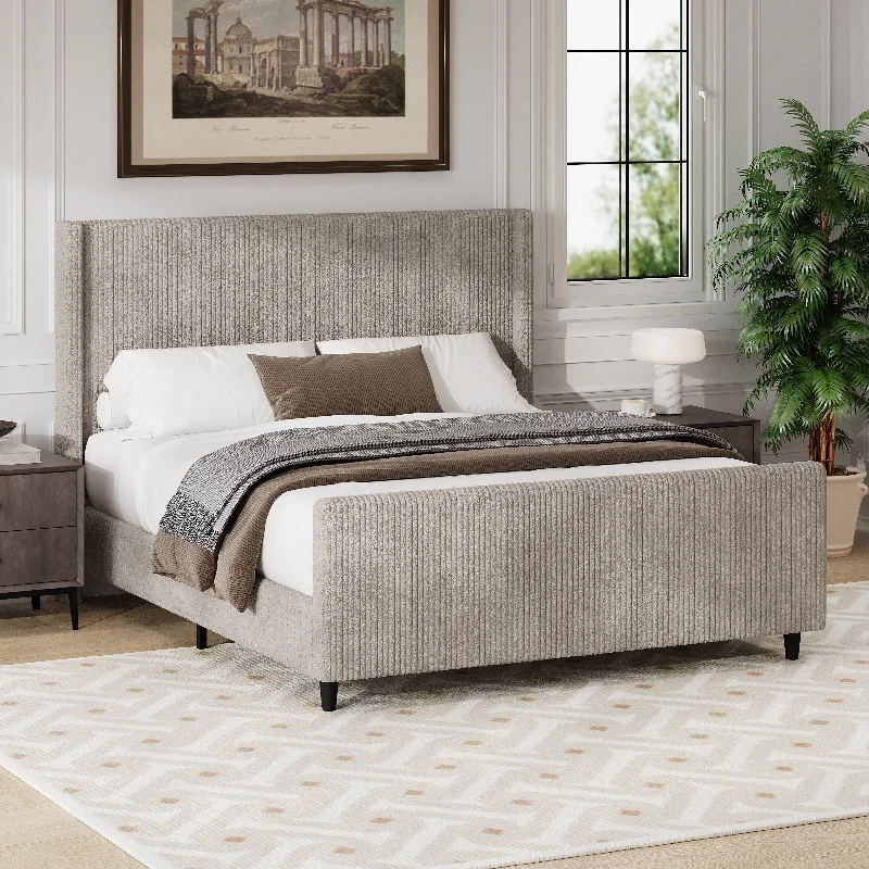 Queen Size Corduroy Upholstered Bed Frame with High Headboard - Taupe Finish