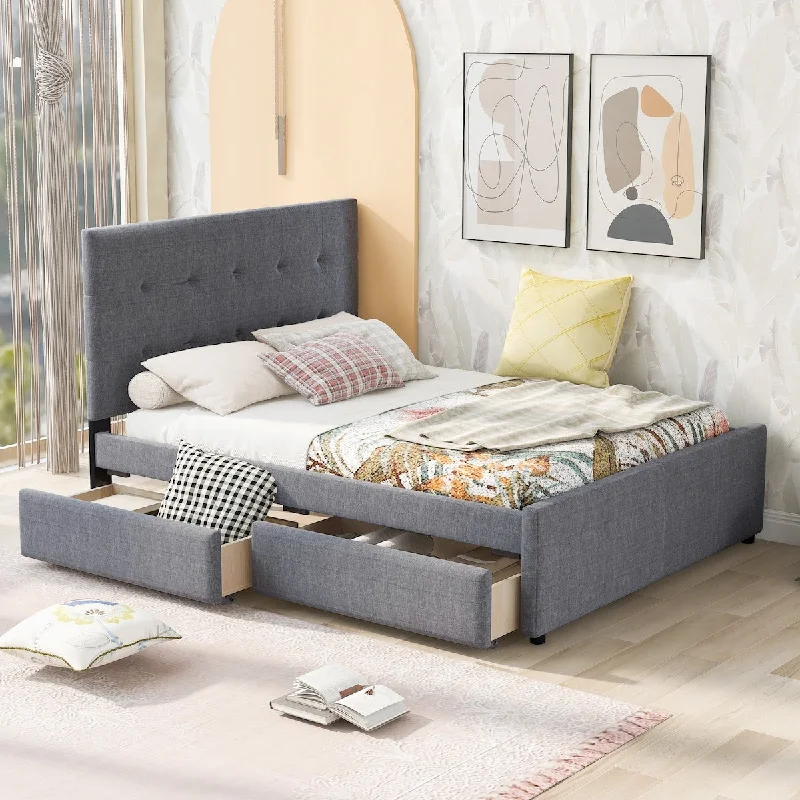 Queen Size Linen Upholstered Platform Bed with Headboard & 2 Drawers