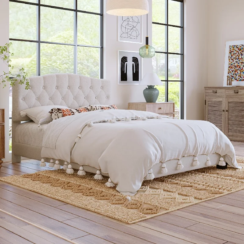 Queen Size Platform Bed, Upholstered Bed Frame with Saddle Curved Headboard & Diamond Tufted Details, No Box Spring Needed