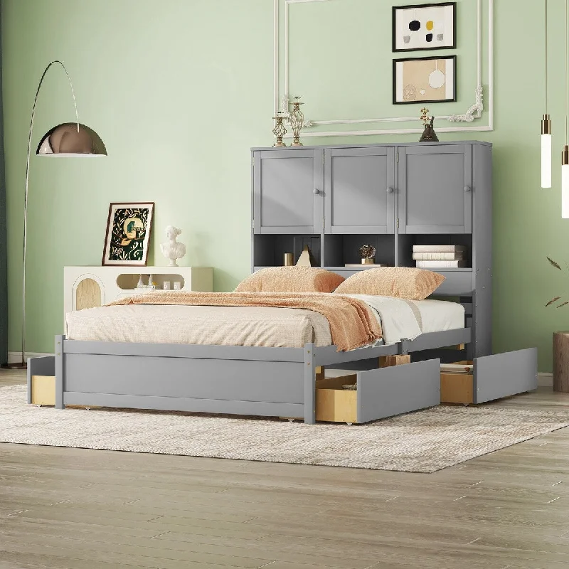 Queen Size Platform Bed with Storage Headboard and 4 Drawers - Gray Finish