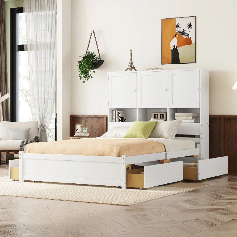 Queen Size Platform Bed with Storage Headboard and 4 Drawers - White Finish