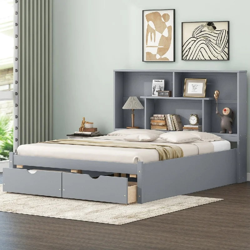 Queen Size Platform Bed with Storage Headboard and Drawers - Gray Finish