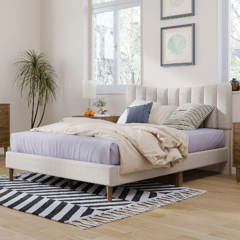 Queen Size Upholstered Platform Bed Frame with Tufted Cream Headboard and No Box Spring Needed