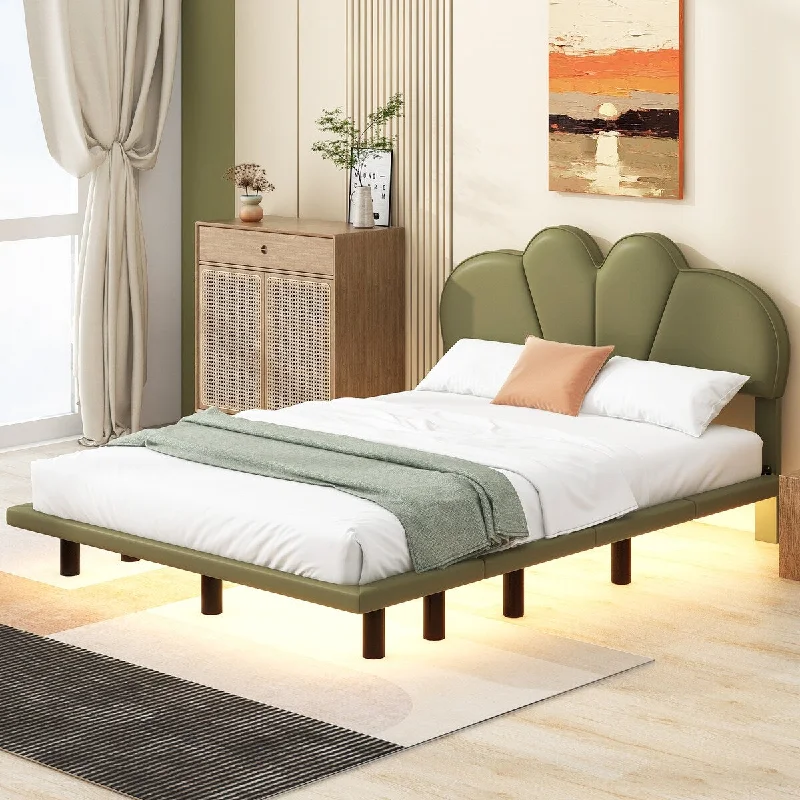 Queen Size Upholstery Platform Bed with PU Leather Headboard and Underbed LED Light, Solid Wood Queen Platform Bed Frame