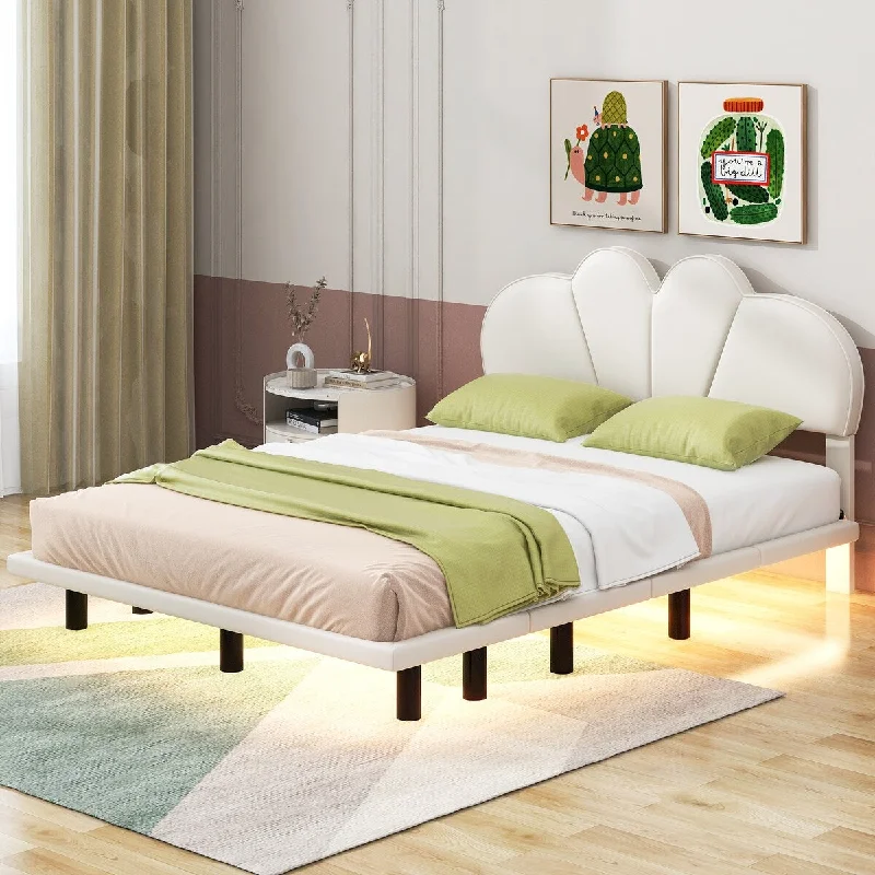 Queen Size Upholstery Platform Bed with PU Leather Headboard and Underbed LED Light, Wood Queen Platform Bed Frame, Beige