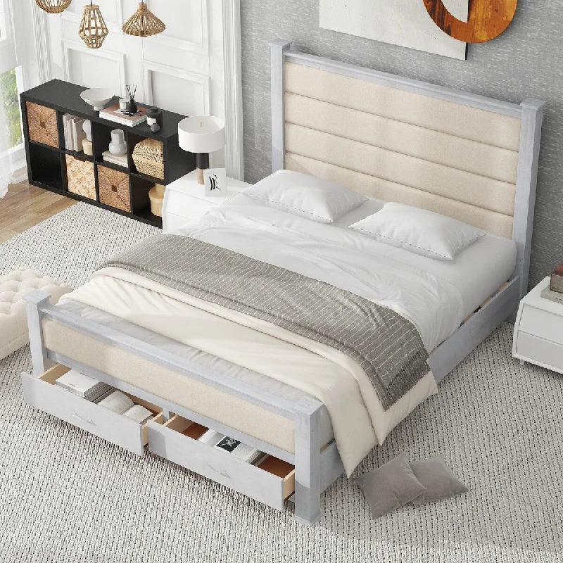 Queen Size Wood Frame Platform Bed with Upholstered Headboard & 2 Drawers - Antique White