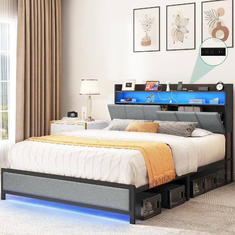 Queen Storage Bed Frame LED Upholstered Headboard Platform Bed Frame