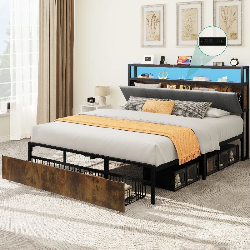 Queen Storage Bed Frame Upholstered Headboard Platform Bed