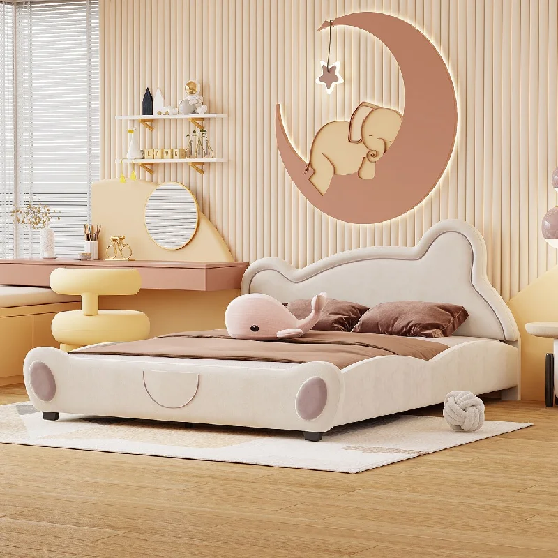 Queen Velvet Frame Bed Animals Style Upholstered Bed Beige Bear-shaped Headboard Platform Bed with Bed-end Storage Pocket