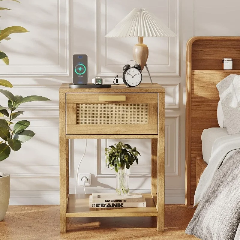 Rattan Nightstand with Charging Station, Wooden 15.7"D x 15.7"W x 21.7"H