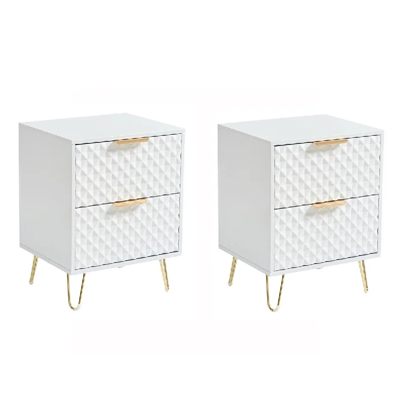 Set of 2 Nightstand with Double Drawers and Metal Legs