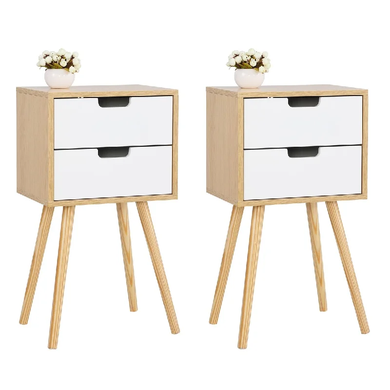 Set of 2, Wood Nightstand with 2 Storage Drawers, Cut-Out Handles and Solid Wood Legs