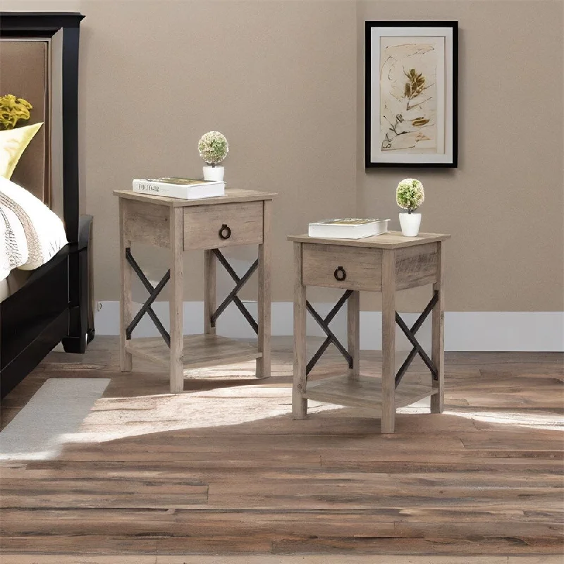 Set of 2 Wood Nightstand with Drawer, X-Shape Metal Sides