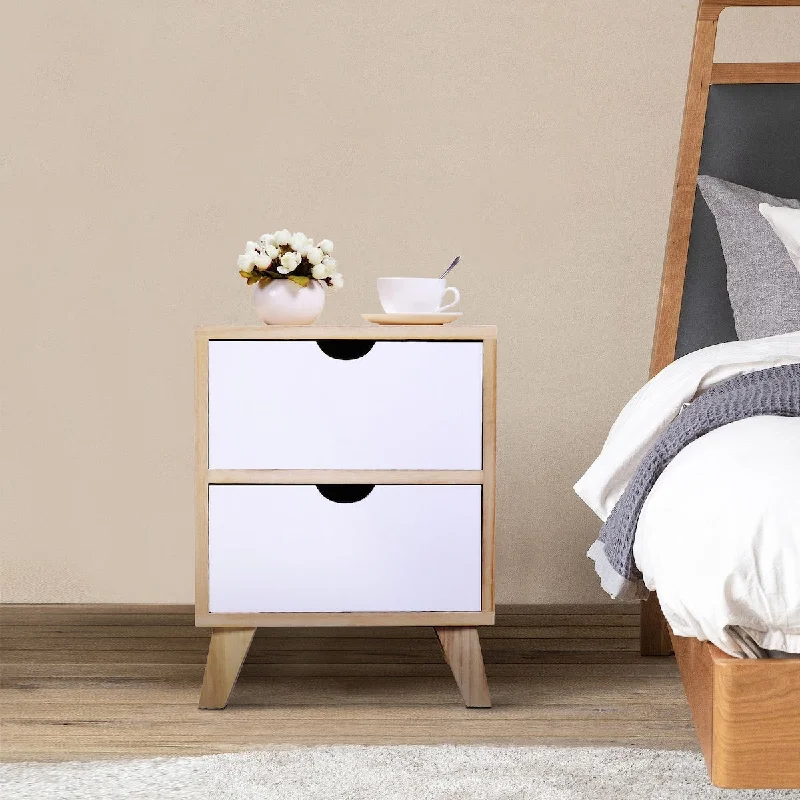 Set of 2 Wooden Nightstand with Two Drawers and Tall Legs