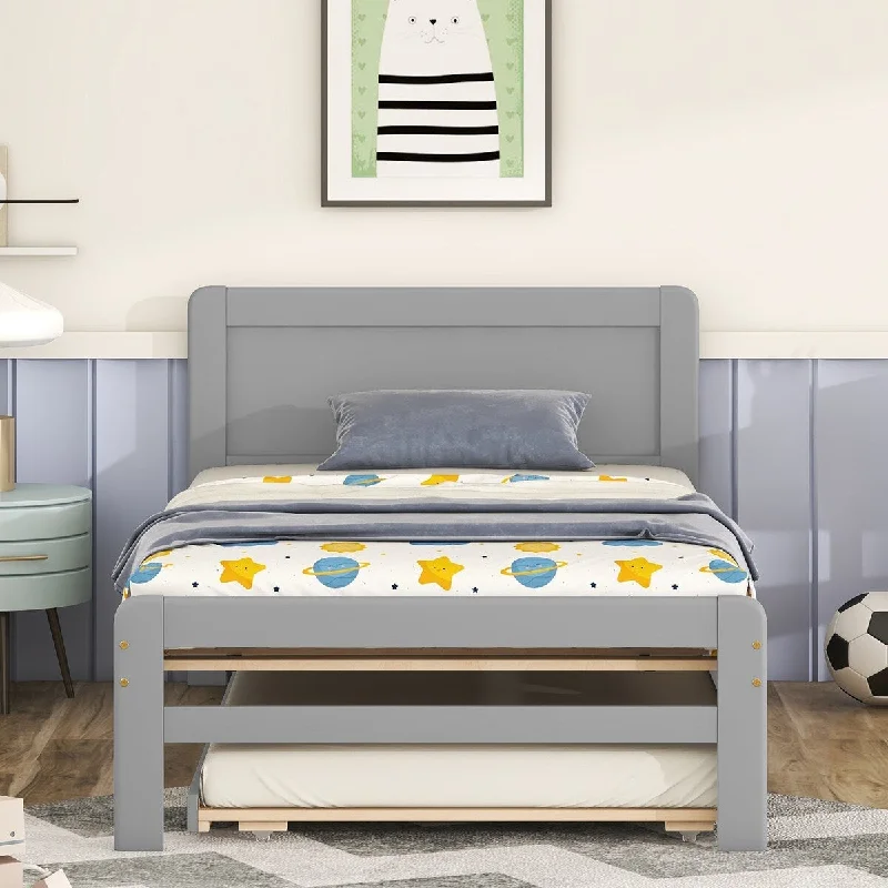 Twin Bed with Trundle, Wood Bed Frame with Headboard and Footboard Wood Platform Captain Beds for Kids Teens Adults