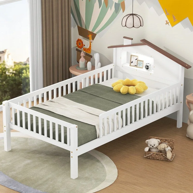 Twin/Full Size House-shaped Headboard Platform Bed Frame with Storage Shelf, Wooden Kids Bed with Full-Length Guardrails