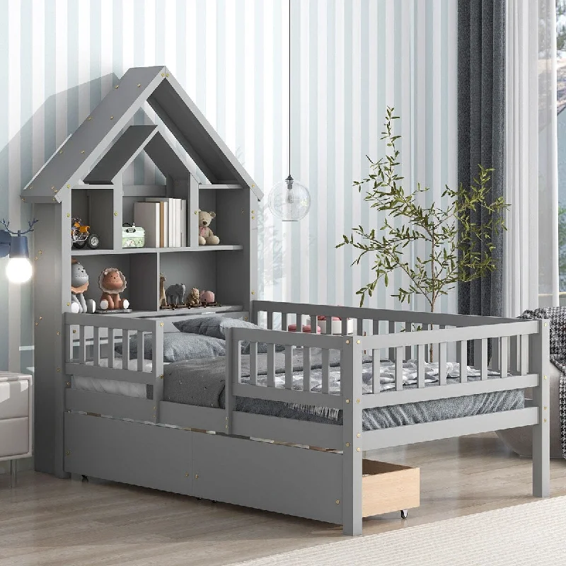 Twin House-Shaped Headboard Bed with Guardrails and Drawers, Montessori Bed with Storage Shelf for Kids,No Need Spring Box, Grey