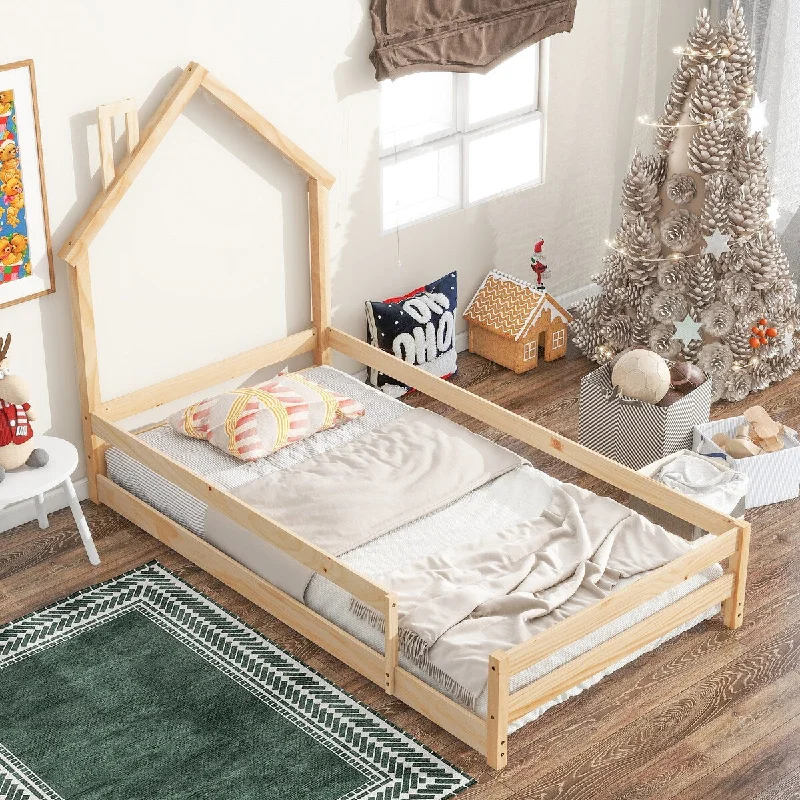 Twin House-Shaped Headboard Floor Montessori Bed with Fence, Natural