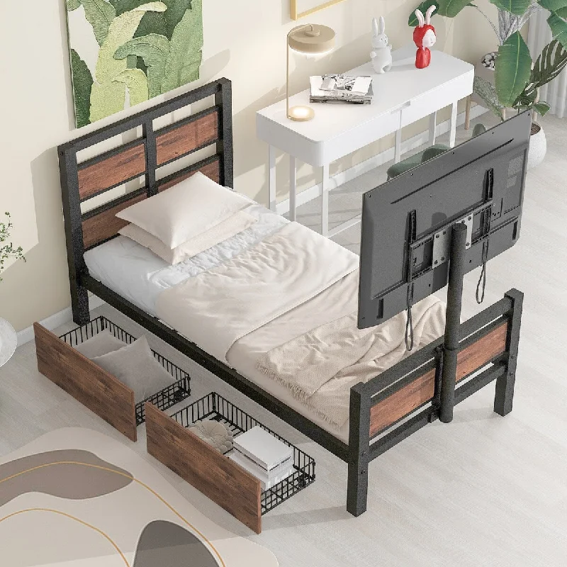 Twin Platform Bed w/ Headboard and Footboard, Platform Bed Frame w/ 2 Storage Drawers and Rotatable TV Stand for Bedroom, Black